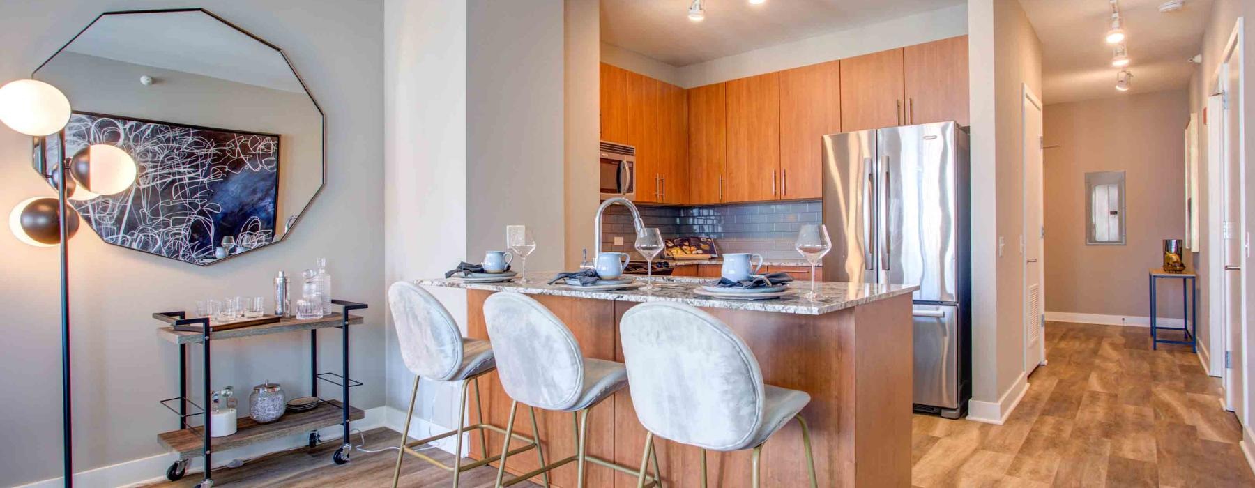 a kitchen with a dining table